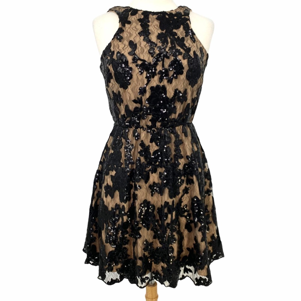 Anna Grace Black Lace Sequin Sleeveless Open Back Dress Medium